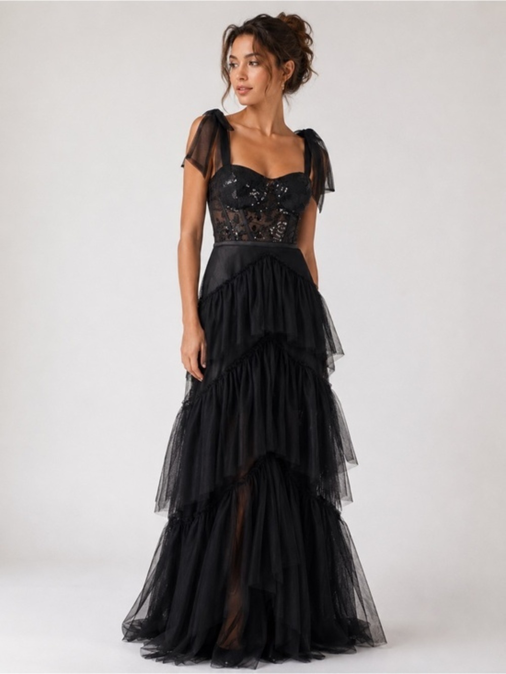 NWT city studio black layered tulle lace sequin corset top maxi dress junior 0